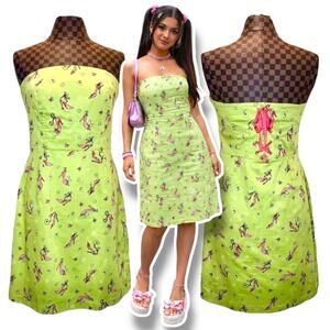 Y2K Strapless Corset Dress Sz 10 Green Shoe Print Clueless Bratz Green Pink Vtg